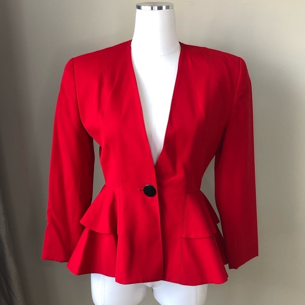 Rare Vintage Bicci Red Wool Peplum Tailored Hourglass Blazer 4